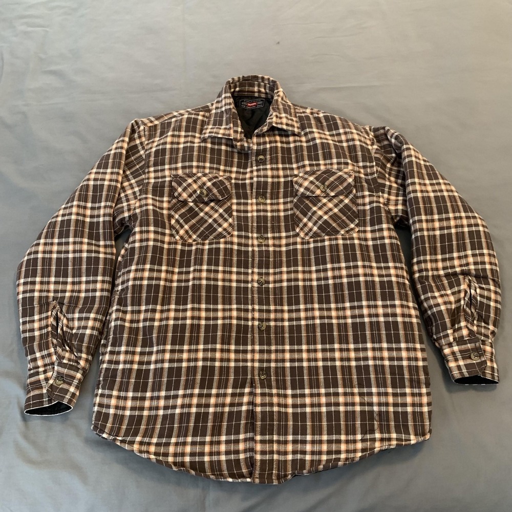 Wrangler Shirt Jacket Mens‎ Medium Brown Plaid Quilted Flannel Lined Workwear